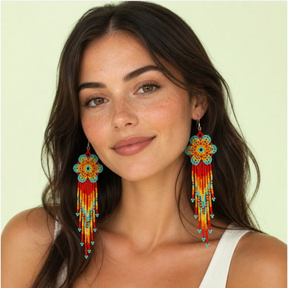 Hand Beaded Flower Boho Dangle Earrings Playful Summer Accessory